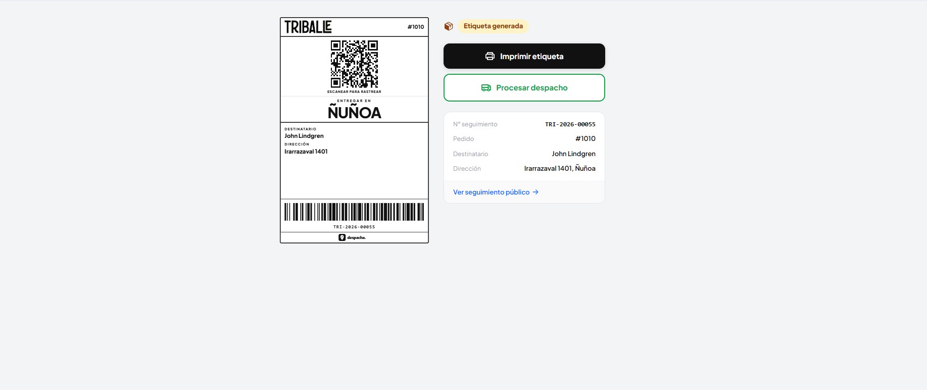 Etiqueta con QR generada por Despacha