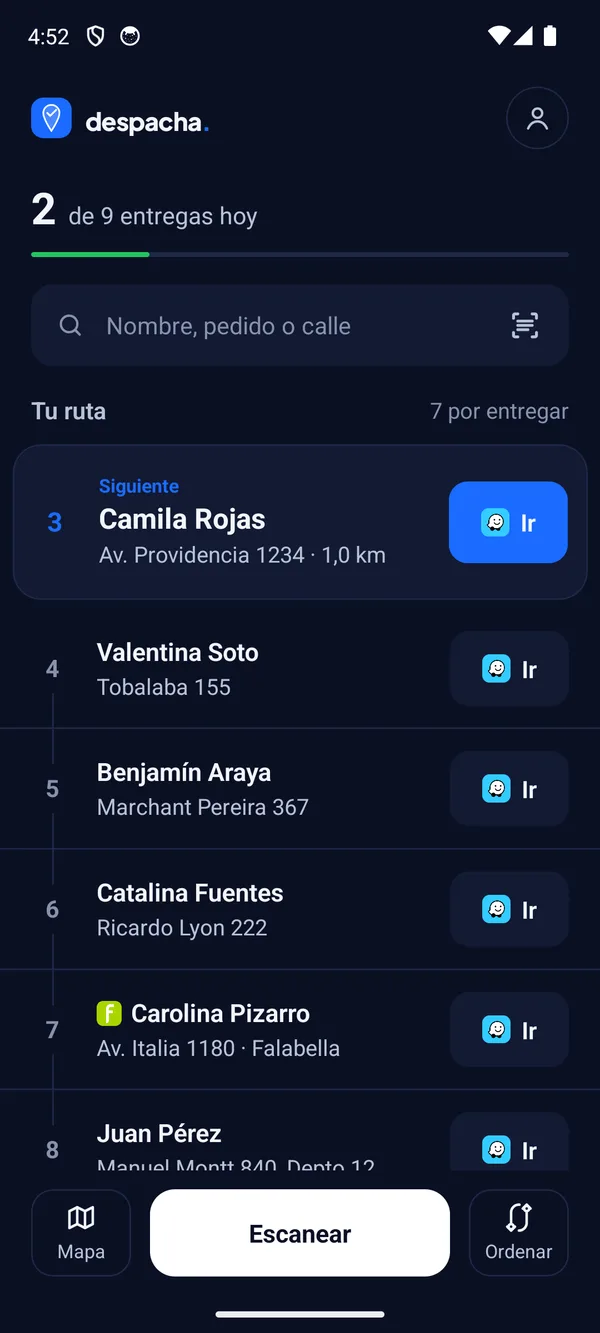 App Despacha Repartidor con la ruta del día
